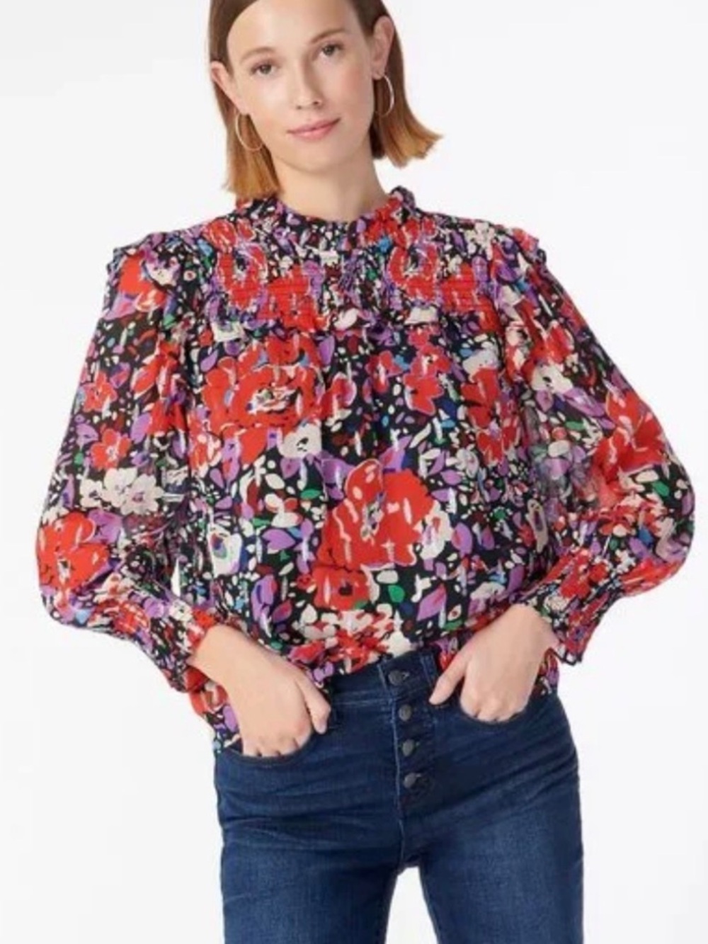 J.Crew Smocked Popover Top in Lurex Dot Floral - Size Medium - Like New